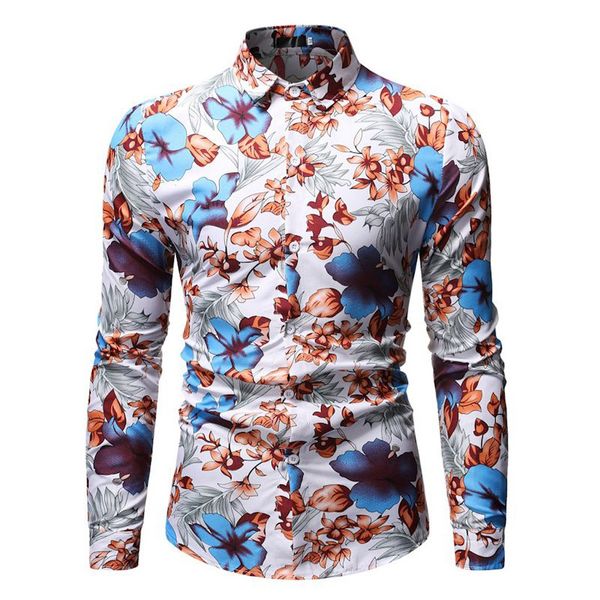 

2019 autumn shirt men slim fit blouse male long sleeve shirt casual button turn-down collar vintage printed gh4, White;black