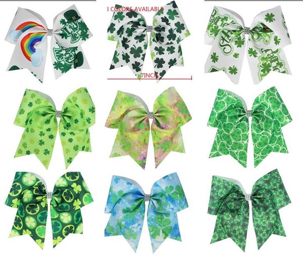 

st. patrick's day cheer bows 7inch print hair bows girls elastic hair bands print ribbon kid girls accessories 20pcs, Slivery;white