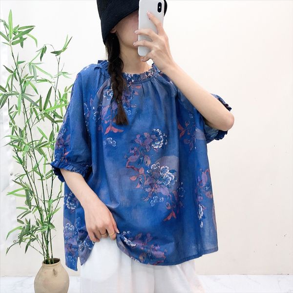 

printed wooden ear collar and shoulder-inserted short sleeve loose large edition double-sided t-shirt female cotton linen cotton linen, White