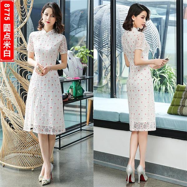 

fashion lace aodai qipao vintage mandarin collar qipao novelty slim short sleeve improved cheongsam dress size s-3xl, Red