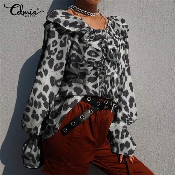 

women's blouses celmia fashion lace up long flare sleeve casual shirt loose leopard print ladies office party oversized, White