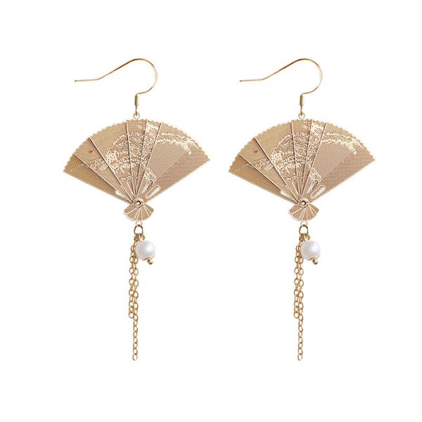 

elegant chinese style handmade foldable fans dangle earrings hook earrings with tassle pearl ear drops woman lady fine jewelry, Silver