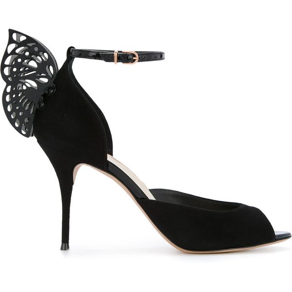 Transporte Senhoras Grátis Camurça de pele de carneiro Hollow Out High Heel Solid Butterfly Ornamentos Sophia Webster Open Toe Sandals Sapatos Preto