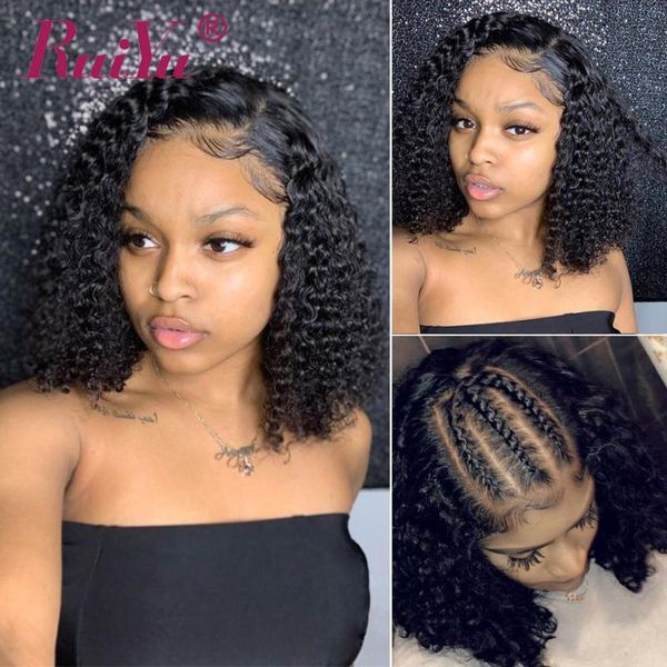 

lace wigs short curly human hair for women remy frontals brazilian 13x6 bob front ruiyu, Black;brown