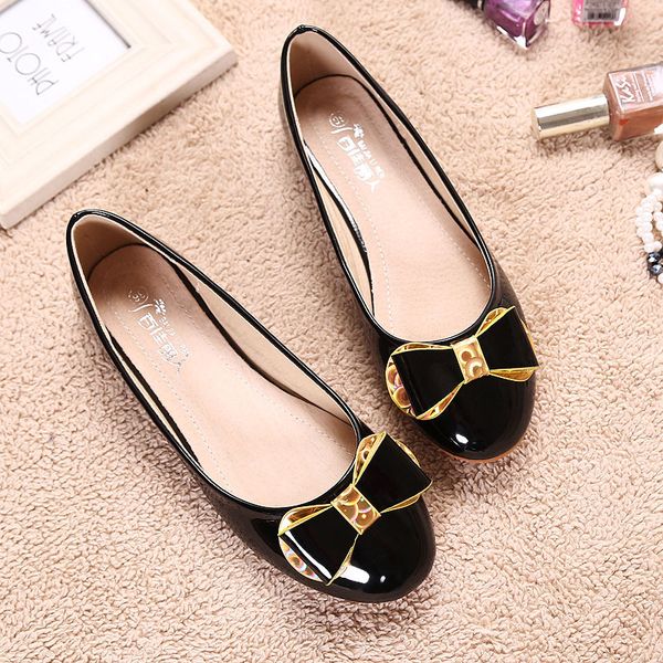 

2020 sweet candy color round toe flats ladies japanned leather bowknot single shoes shine ballerinas, Black