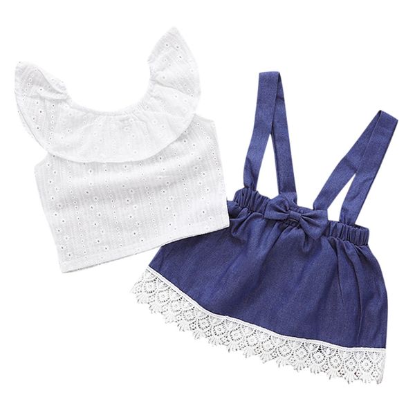 

arloneet 2019 newst baby dress fashion kid baby girl ruffled collar t shirt suspender lace denim skirt 2pc sets outfits z0208, Red;yellow