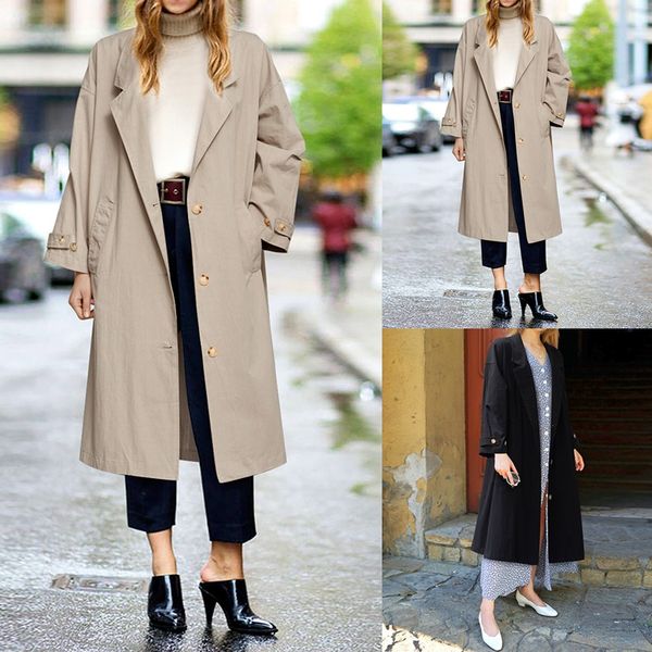 

winter elegant long women's coat lapel 2 pockets windbreaker jackets solid color coats female outwear coat loose s3, Tan;black