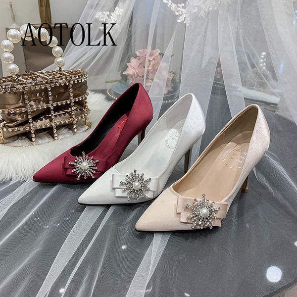 

woman wedding shoes high heels rhinestone silk woman pumps pointed toe party shoes heels plus size new arrival 2020, Black