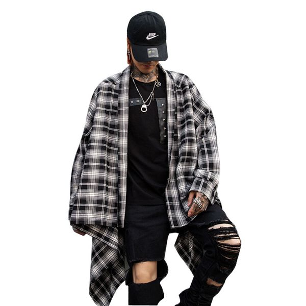 

men long sleeve casual plaid shirt male streetwear punk gothic hip hop loose long shirt cardigan cloak jacket stage costumes, White;black