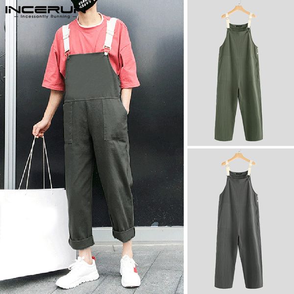 

incerun стильный повседневный комбинезон мужчины хлопок хип-хоп твердые карманы брюки свободные шикарные ремни комбинезоны уличная одежда му, Black