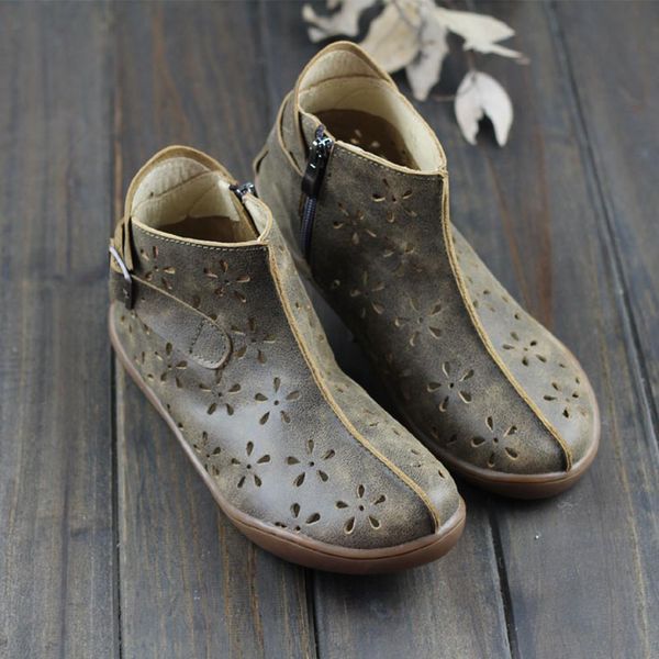 

women's ankle boots leather handmade hollow mori girl shoes flats grey, Black