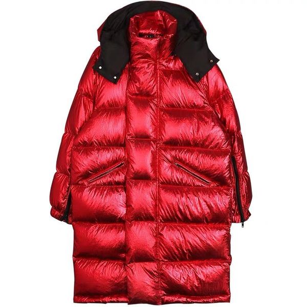 

women shiny down winter jacket 2020 long hooded thick female bright metal red parkas fashion oversized loose down padded coats, Black