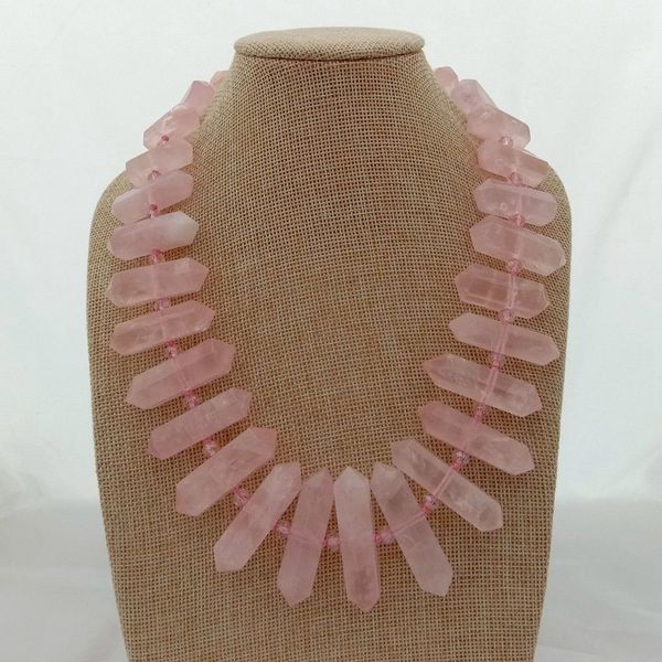 

20 " натуральный розовый кристалл розы двойной конец заостренный центр просверлил ожерелье, Silver