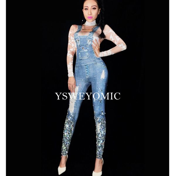 

bright stones jeans printed jumpsuit rhinestones skinny leggings nightclub show women's birthday party prom dj outfit stage wear, Black;red