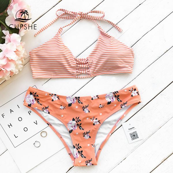 

cupshe orange fanta halter bikini set women triangle back lace up two pieces swimwear 2020 girl beach bathing suit swimsuits