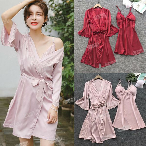 

women robe & gown sets sleep dress bride kimono robe satin silk lace night dress gown sleepwear 3pcs, Black;red