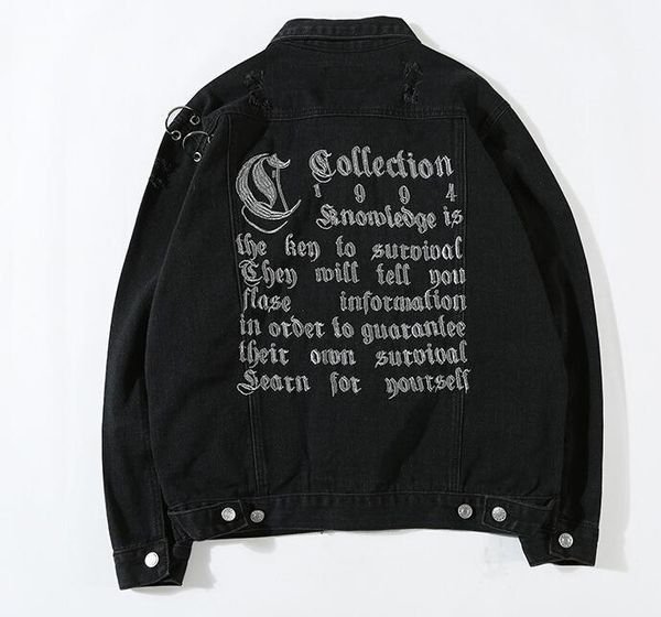 

high street mens embroidery letter print ripped washed denim coats jackets women fashion hip hop iron chain denim jackets lovers denim coat, Black;brown