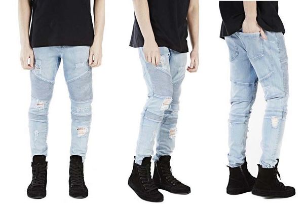 

mens skinny jeans runway slim biker jeans denim knee hole hiphop pants washed high quality, Blue