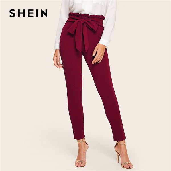 

shein elegant frill trim bow belted detail solid high waist pants women clothing fashion elastic waist skinny carrot pants, Black;white