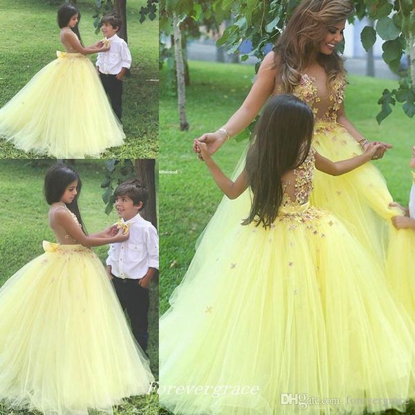 2019 Sevimli Sarı Çiçek Kız Elbise Yüksek Kalite Bkz. Tül Çiçek Aplikler Yine de Kat Uzunlukta Uzun Özel Durum Dresse Pageant Elbise