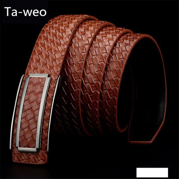 

fashion men genuine leather belts, woven striped cowhide waistband designer belts men smooth buckle strap, Black;brown