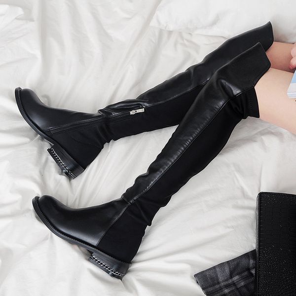 

low heels round toe over knee boots woman's biker boots snow winter thermal long female stretch tall zipper size 43, Black