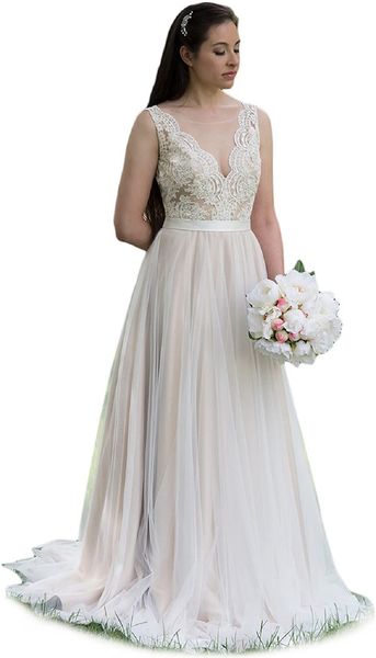 

illusion v neck bridal wedding dress low back tulle see through bodice vestidos de novia lace applique summer beach boho wedding gown, White