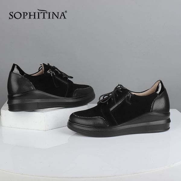 

sophitina leisure solid flats genuine leather comfortable lace-up round toe handmade shoes new women's flats sc556, Black