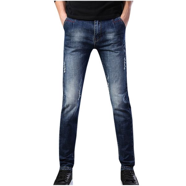 

jeans men slim fit straight denim vintage style with broken holes jeans pants trouser loose long pants streetwear trousers, Blue