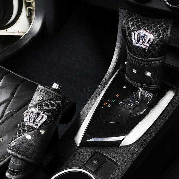 

summer mesh car gear shift knob cover crown pu leather bling handbrake seatbelt covers set with crystal crown accessories