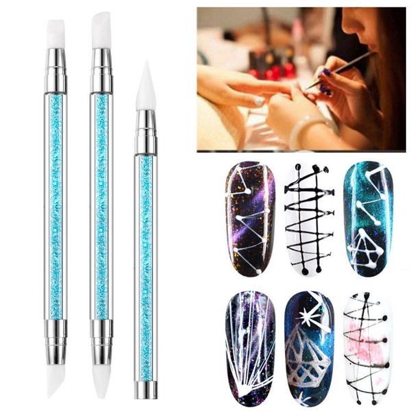 

3 pcs nail tools double head silicone nail pen engraving embossed hollow painted pen blue diamond smudged nails #lr2