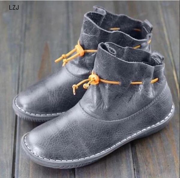 

lzj retro boots women genuine leather shoes for winter boots shoes woman casual spring genuine leather botas mujer female ankle, Black