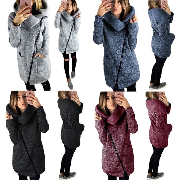 

autumn winter women jacket solid color long sleeve coat diagonal zipper turndown collar lady casual outwear plus size s-5xl, Black;brown