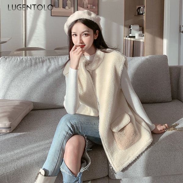 

lugentolo vest women autumn and winter fashion lamb hair vest loose long coat pocket sleeveless elegant coat, Black;white