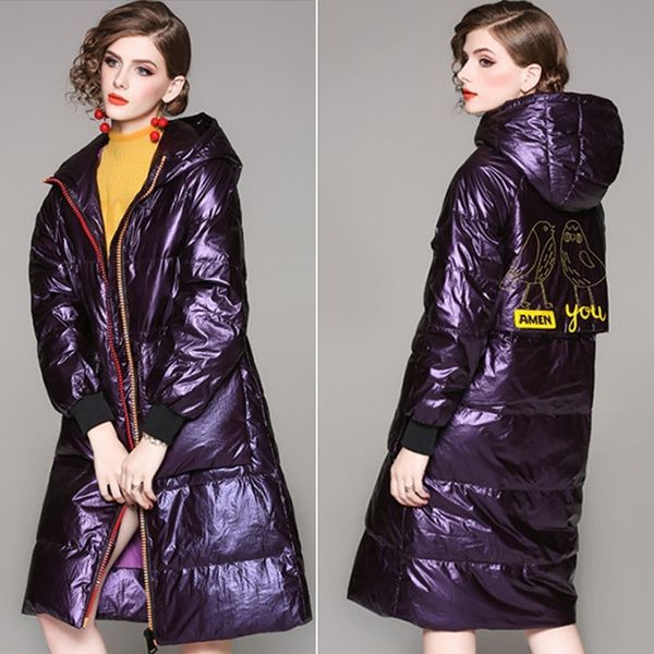 

90% white duck down long jacket windproof parka 2018 fashion glossy hooded women winter coat plus size feather overcoat ls224, Black