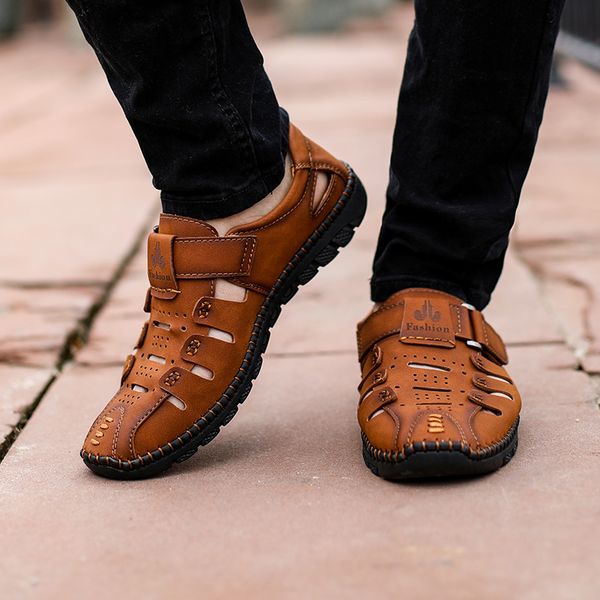 

new hand made leather mens walking shoes man loafers hollow out sandals slip on boats shoes moccasins chaussure homme plus 38-48, Black