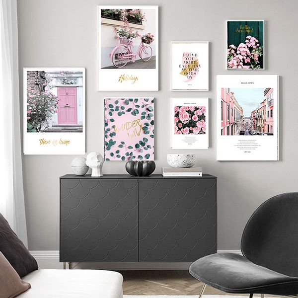 

nordic modern townscape landscape canvas poster pink flower wall art print painting living room decoration picture