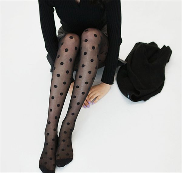 

women's tights classic polka dot silk stockings ladies vintage faux tattoo round dot stockings pantyhose female hosiery 2 colors, Black;white