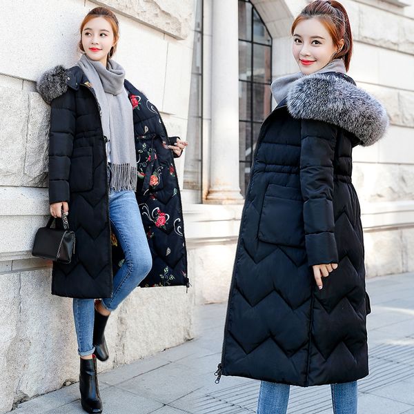 

big pocket long parkas female womens winter both sides can be wear printing jacket coat thick cotton warm jacket outwear parkas, Black