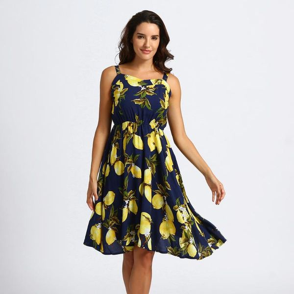 

lemon print dress summer women v-neck dresses fashion party beach strap navy dress casual woman's clothes vestidos 2020, Black;gray