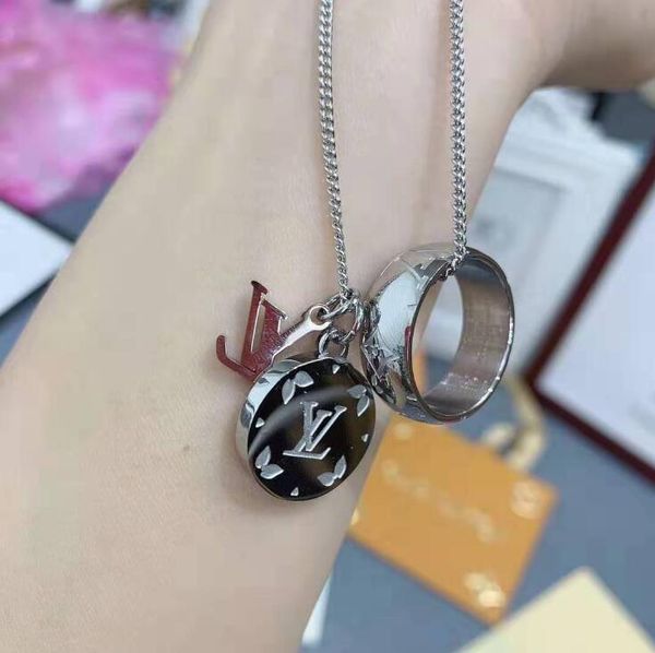 

fashion l letter designer silver color pendant luxury necklaces and ring stainless steel jewelry gift with box