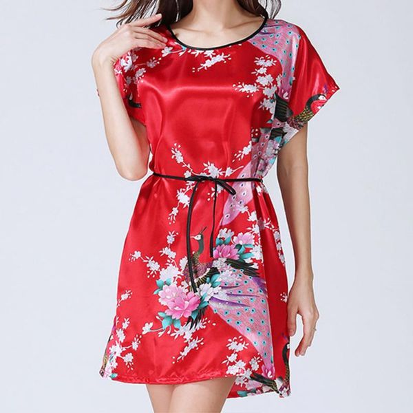 

women soft silk sleepwear imitated sleep floral dress strip tunic homewear plus size sleepwear breathable casual leisure wear, Black;red