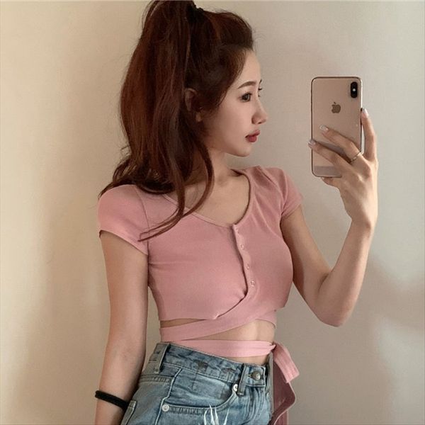 

short sleeve 2020 t-shirt shoulder strap shoulder strap scheming design sense yao fine straps twined slim versatile t-shirt, White