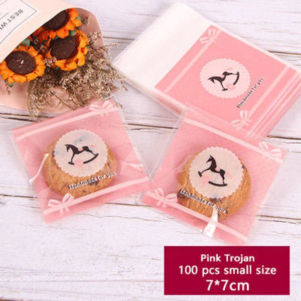 

100pcs cookies self adhesive package bag pink bottom cartoon black trojan soap biscuits color wedding birthday party gift bag
