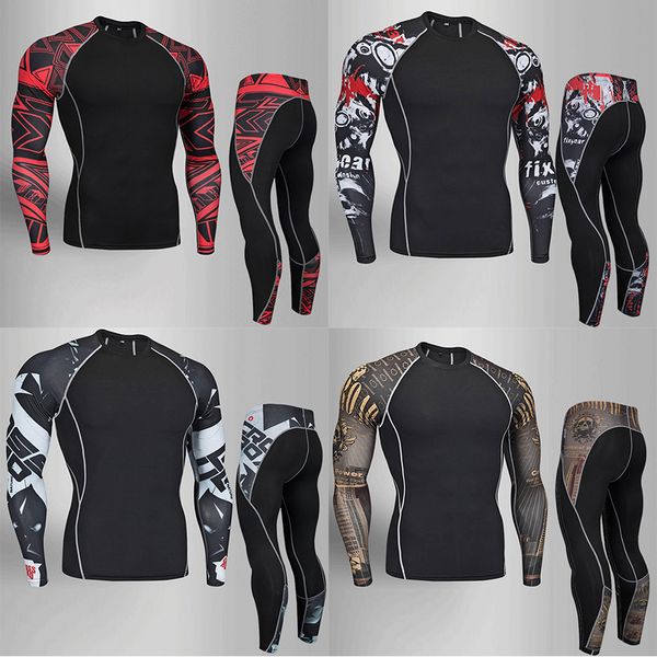 

men running sport compression t shirt pants suits jogging sets male workout gym fitness training sportswear tees leggings, Black;blue