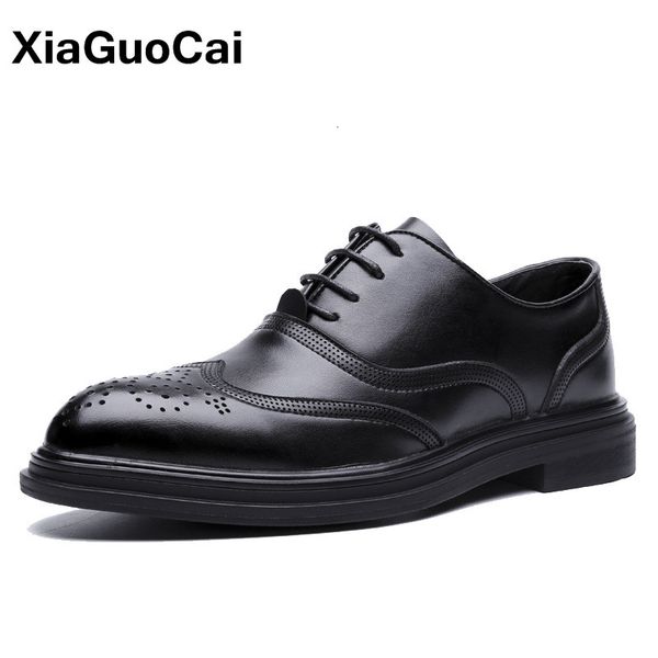 

men dress shoes luxury british leather wedding footwear spring autumn pointed toe lace up brogue shoes formal business flats, Black