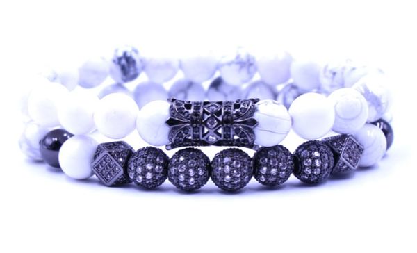 

8mm 2pcs/set jh4 elastic adjusted nature white howlite bead micro pave cz zircon cubic zirconia tube bracelet jewelry, Black