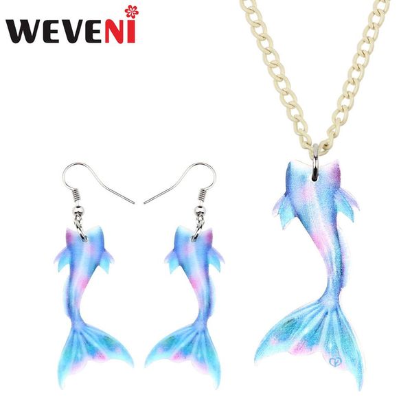 

weveni acrylic colorful fairy mermaid fish tail necklace earrings jewelry sets girl kid fashion ocean sea decoration charm gift, Silver