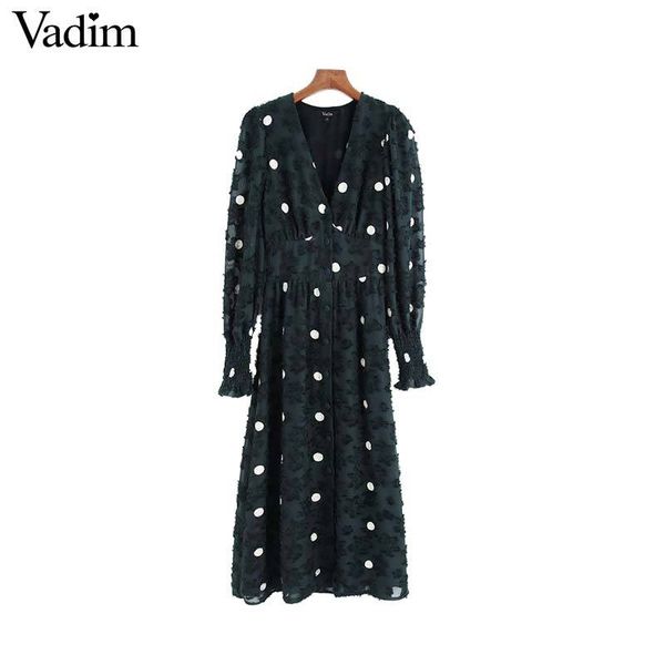 

vadim women elegant office wear midi dress long sleeve polka dots female casual elastic waist chic dresses vestidos qc931, Black;gray