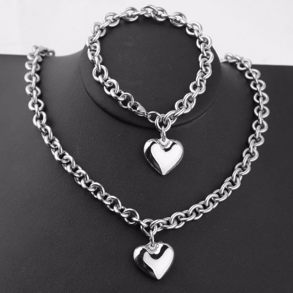 Fashion Femmes Or En Acier Inoxydable Épais Chaîne Coeur Charme Collier Bracelet